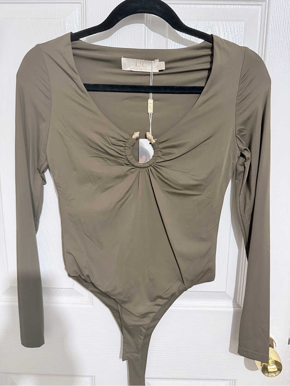 Olive Green Long-Sleeve Ring-Front Bodysuit